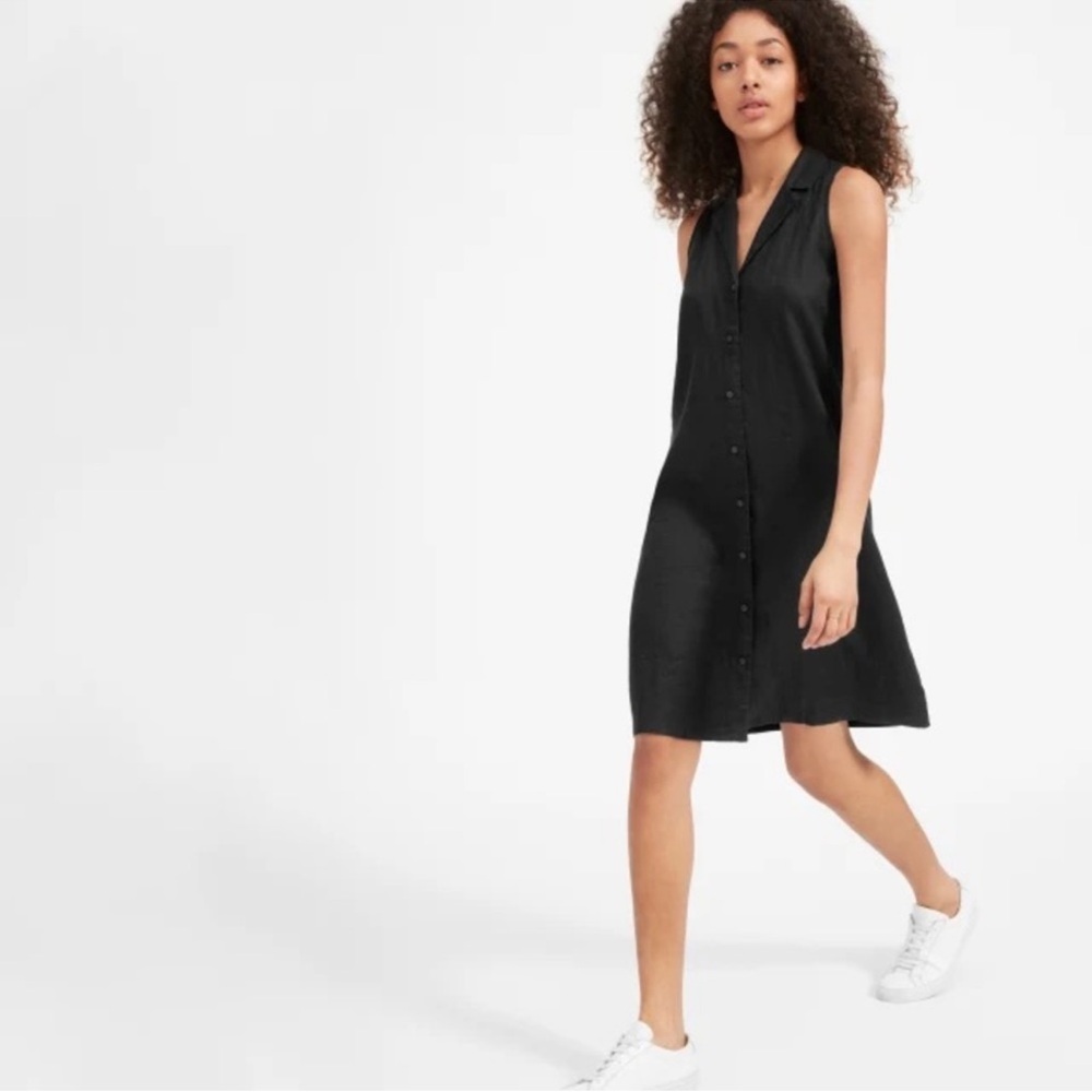 NWOT Everlane 100% Linen Sleeveless Collared Button Up Tunic Shirt Dress Black